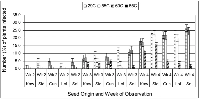 Figure 1. PtMtV infection frequency on peanut plants grown from seeds previously treated with hot water (vertical bars represent the standard errors)