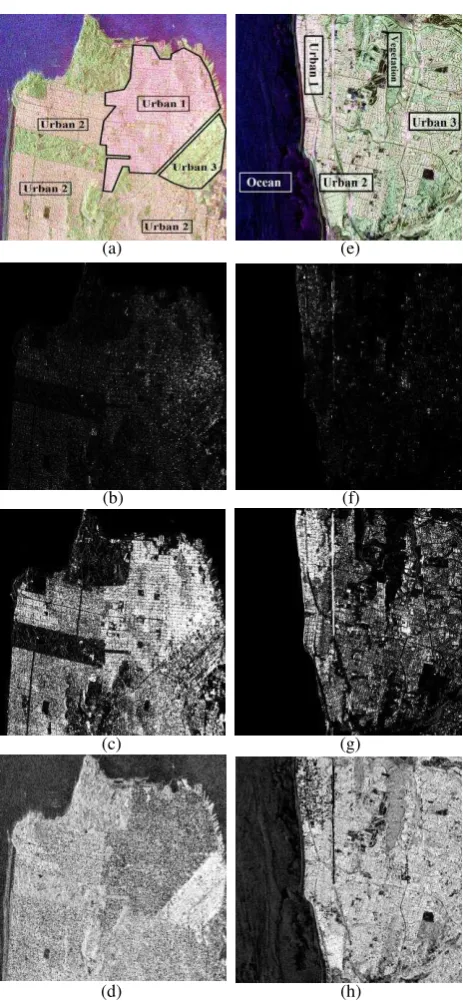 Figure. 1.  San Francisco Bay study area: Pauli RGB image (a), left and right helix difference target map (b), detected built-up area (c), and helix scattering component of Yamaguchi target decomposition (d)