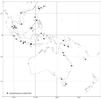 Gambar 4. Peta zoogeografis Amphibalanus amphitrite (spesies yang ditemukan di lambung kapal internasional di Tanjung Intan Cilacap) di Indo-West Pacific Figure 4