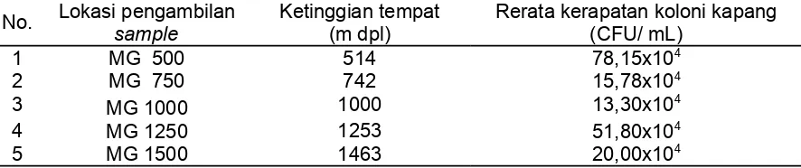 Tabel 2. Rerata koloni kapang (CFU/ml) pada sampel tanah sekitar kawasan GunungGamalama, Ternate, Maluku Utara Table 2