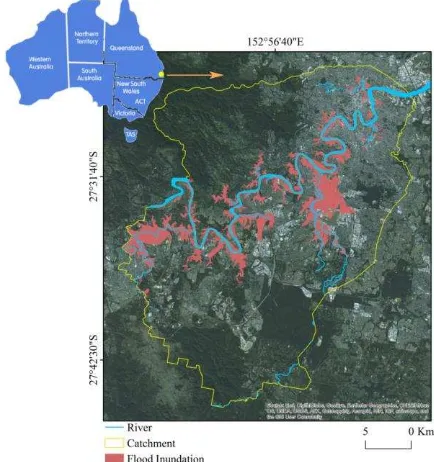 Figure 1. Selected Brisbane river catchment, and the flooded regions 