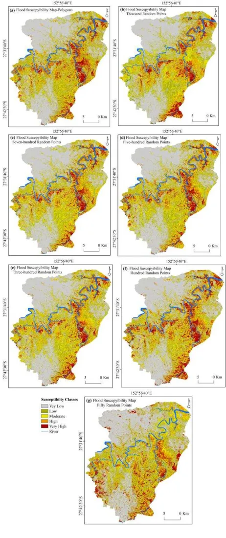 Figure 4. Flood susceptibility maps derived using seven 