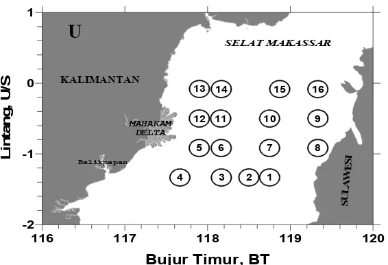 Gambar 1. Peta lokasi stasiun penelitian bakteriologi di perairan Selat Makassar pada bulan Oktober 2003   Figure  1