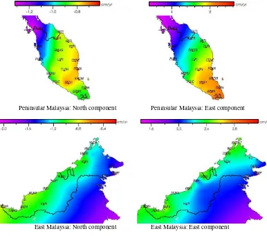 Figure 5. Malaysian 2008-2011 secular deformation model of north and east velocities using bilinear interpolation 