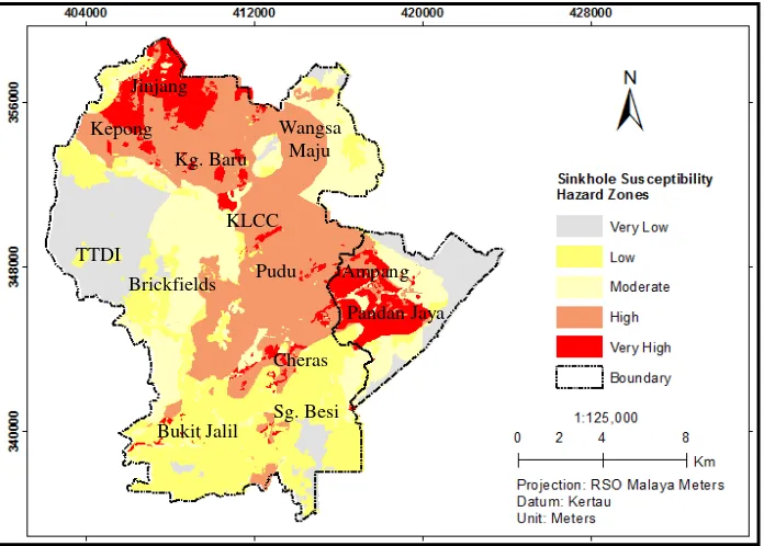 Figure 4. Sinkhole susceptibility hazard zones map 