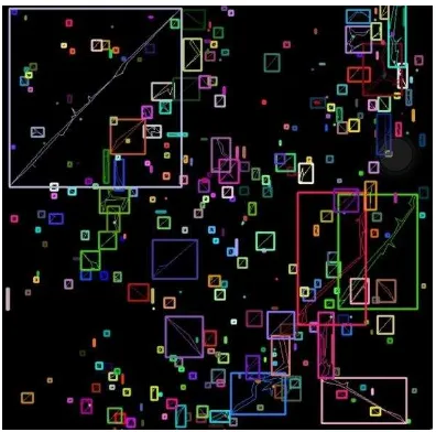 Figure 4.  Bounding box and contour lines of road segments with each of the tree crowns is indicated by a unique color tone, and the background is indicated as the black area