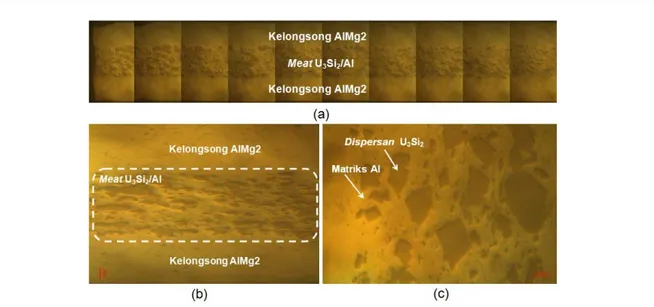 Gambar 2. (a). Mikrostruktur PEB U 3 Si 2 /Al potongan bagian top perbesaran 50 kali  (b)