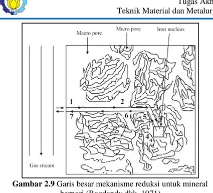 Gambar 2.9 Garis besar mekanisme reduksi untuk mineral  berpori (Bogdandy dkk. 1971) 