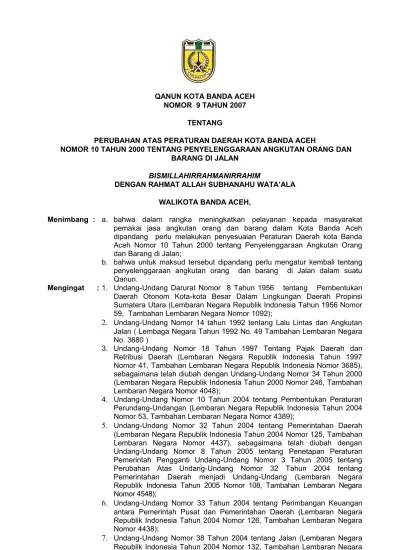 QANUN KOTA BANDA ACEH NOMOR 9 TAHUN 2007 TENTANG