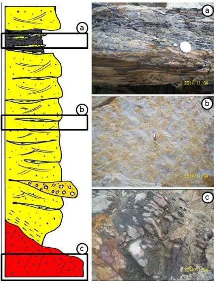 Figure 6: A 20 m thick outcrop of Tabul sandstones, intruded by basalt. Two local faults wererecognized and kinematically interpreted to be related with regional tectonic framework.