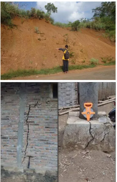 Figure 1:Typical landslides along road cutslopes in the research area and cracks in walland foundation of houses in Kranjang Lor areainduced by soil creeping.