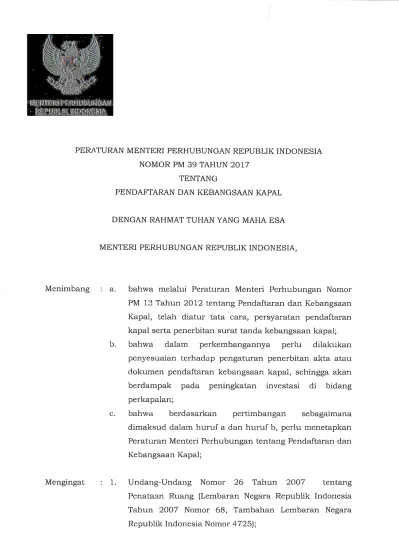 PERATURAN MENTERI PERHUBUNGAN REPUBLIK INDONESIA NOMOR PM 39 TAHUN 2017 ...