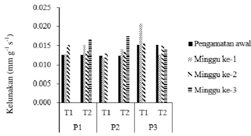 Tabel  4  memperlihatkan  bahwa  pengaruh  antara  umur  panen  dan  suhu  simpan  memberikan  respon  kelunakan  kulit  yang  lebih  tinggi  pada  suhu  15  °C  dibandingkan  pada  suhu  ruang  kecuali  pada  buah dengan umur panen 37 HSA