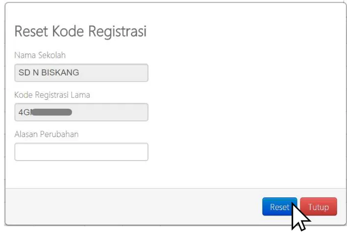 Gambar. Tombol reset kode registrasi 