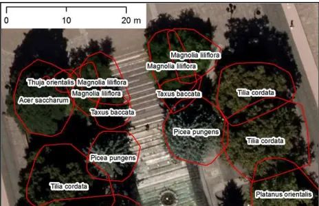 Figure 4. 3D city model (LoD2) representing a part of the study area (Hvozdíkov park) with ALS points representing trees (green)