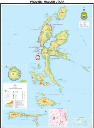 Gambar 1. Peta Lokasi Penelitian (Pulau Moti dan  Pulau Makian, bertanda lingkaran merah