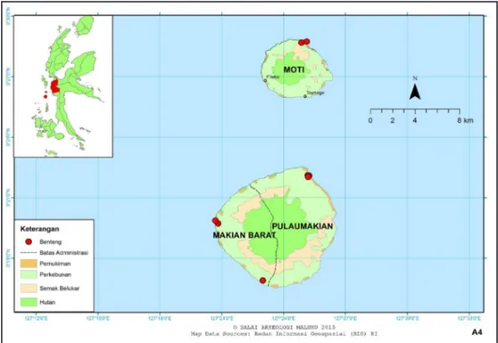 Gambar 8. Peta Sebaran Benteng di Pulau Makian dan Pulau Moti  (Sumber: Dokumen Balai Arkeologi Ambon, 2015)