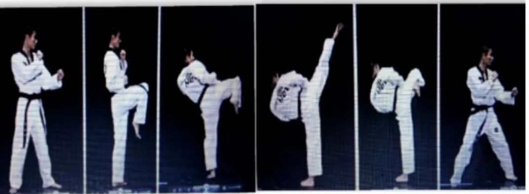 Gambar 1   Gambar  Eologol  Dollyo  Chagi  (Tae  kwon  do  Revolution  Kicking  2011)  Tendangan  dengan  melecutkan  kaki  dan  melingkar kesamping 