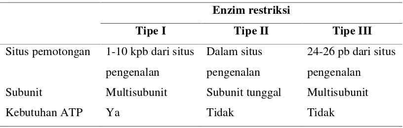 Tabel 2.3 Perbedaan tipe enzim restriksi (Stenesh, 1998)