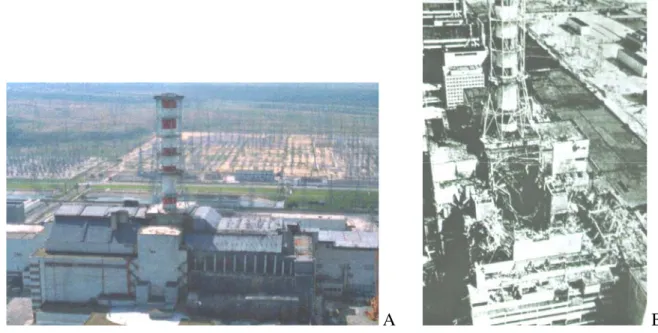 Gambar 1. Keadaan Reaktor daya nuklir Chernobyl sebelum (A) dan sesudah (B) terjadinya  kecelakaan nuklir pada tahun 1986