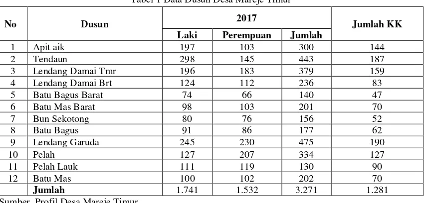 Tabel 1 Data Dusun Desa Mareje Timur 