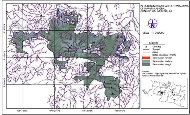 Gambar 2.  Peta Kesesuaian Habitat Owa Jawa di TNGHS. 