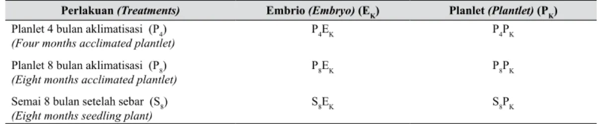 Tabel 1.   Kombinasi perlakuan penyambungan antara embrio dan planlet pada batang  bawah JC (The grafting treatments combination between embryo and plantlet on JC 