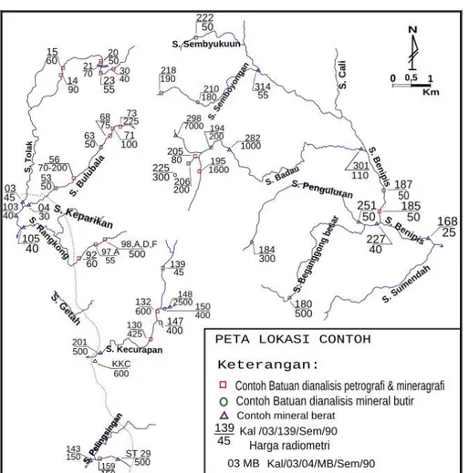 Gambar 6. Peta Geokimia dan Distribusi Pengukuran Radioaktivitas Daerah Semelangan  dan Sekitarnya, Ketapang, Kalimantan Barat.