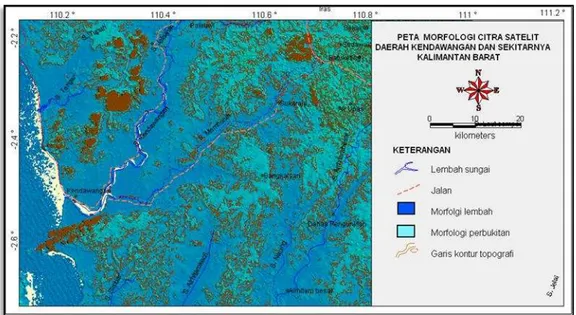 Gambar  3.  Peta  Morfologi  Citra  Satelit  Daerah  Kendawangan  dan  Sekitarnya,  Kalimantan Barat 