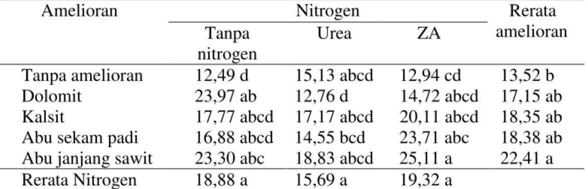 Tabel  1.  Rata-rata  tinggi  tanaman  bawang  merah  (cm)  setelah  pemberian   amelioran dan pupuk nitrogen 