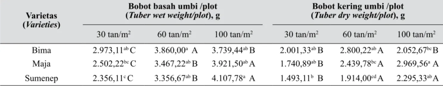 Tabel 3.   Pengaruh interaksi densitas dengan varietas bawang merah terhadap bobot basah/plot dan bobot  kering/plot (Effect of interaction between density with variety of shallots on tuber wet weight/plot and 