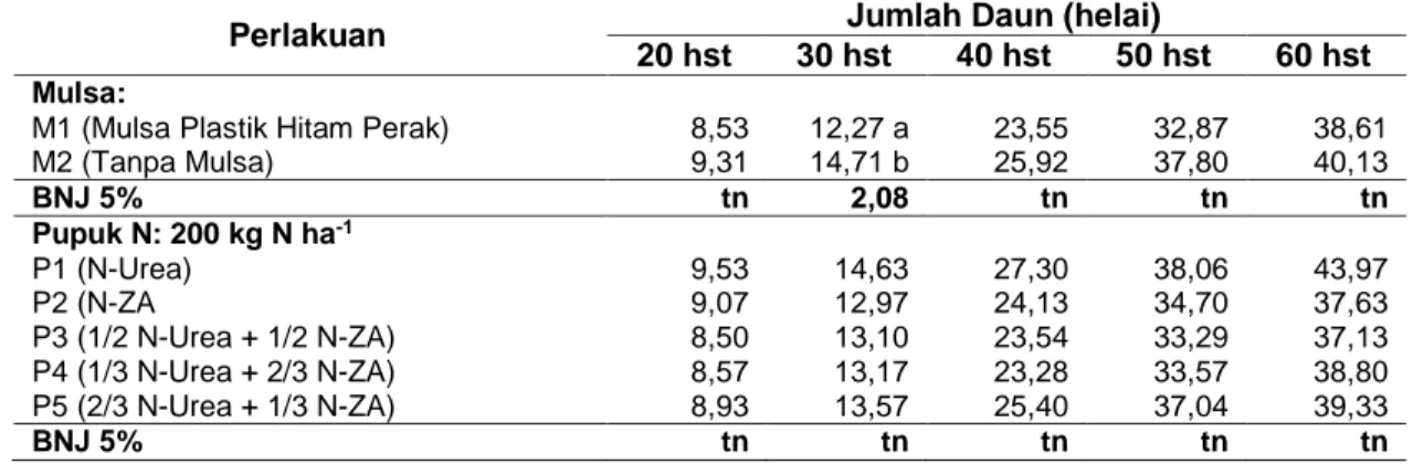 Tabel  3  Jumlah  Daun  Tanaman  Bawang  Merah  pada  Perlakuan  Mulsa  dan  Sumber  Unsur  Hara Nitrogen 