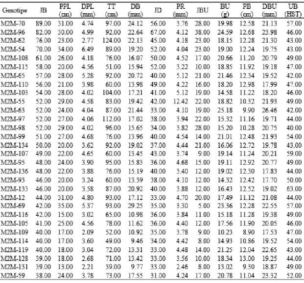 Tabel 6. Karakter mutan okra merah putatif potensial hasil seleksi awal berdasarkan karakter jumlah  buku 