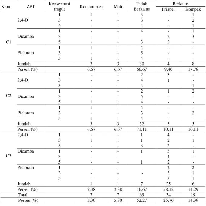 Tabel 2.   Hasil induksi kalus cendana pada media MS selama 12 minggu dalam kondisi gelap  Klon  ZPT  Konsentrasi  (mg/l)  Kontaminasi  Mati  Tidak  Berkalus  Berkalus Friabel  Kompak  C1  2,4-D  1  1  1  3  -  1 3 - - 3 - 2 5 - - 4 - 1 Dicamba 1 - - 4 - 1