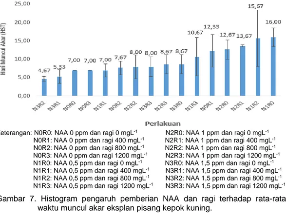 Gambar  7.  Histogram  pengaruh  pemberian  NAA  dan  ragi  terhadap  rata-rata  waktu muncul akar eksplan pisang kepok kuning