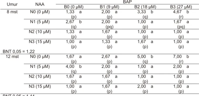 Tabel 3. Uji BNT Interaksi Perlakuan NAA dan BAP terhadap Jumlah Tunas N. ampullaria (buah)  pada pengamatan 8 mst dan 12 mst