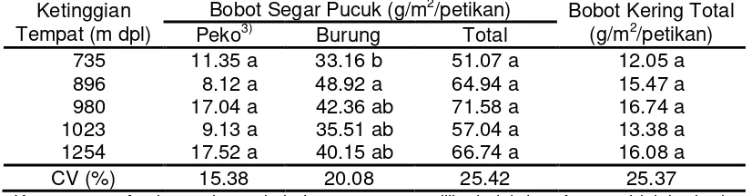 Tabel 5. Bobot Segar pucuk Peko (g/m2/petikan), Bobot Segar pucuk Burung (g/m2/petikan), Bobot Segar Total (g/m2/petikan) dan Bobot Kering Total (g/m2/petikan) 