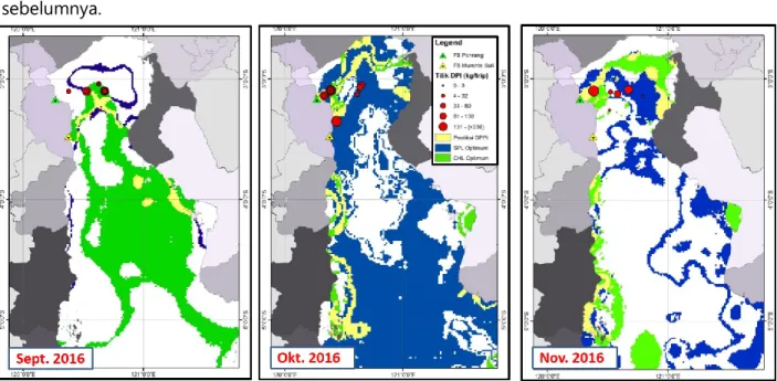 Gambar  5.  Prediksi  daerah  potensial  penangkapan  ikan  teri  di  Teluk  Bone  secara  spatial  dan  temporal (September s.d November 2016).