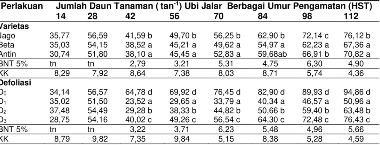 Tabel  1  Rerata  Jumlah  Daun  Ubi  Jalar  dengan  Varietas  dan  Tingkat  Defoliasi  yang  Berbeda 