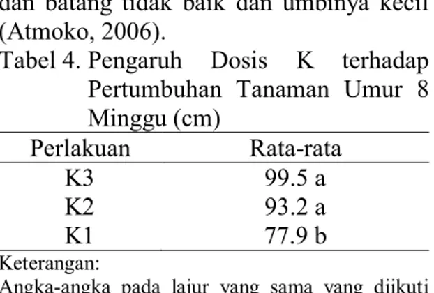 Tabel 4. Pengaruh  Dosis  K  terhadap  Pertumbuhan  Tanaman  Umur  8  Minggu (cm)  Perlakuan  Rata-rata  K3  99.5 a  K2  93.2 a  K1  77.9 b  Keterangan:  