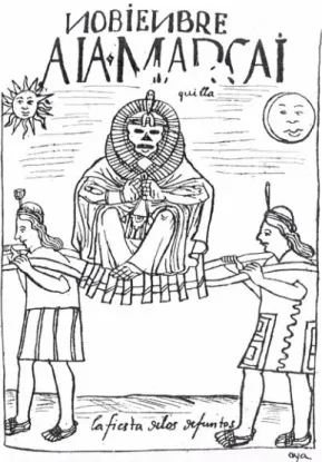 Abb. 7    Die Mumie eines Inka wird anlässlich des  Totenfestes in einer Prozession zur Schau  getragen (Poma de Ayala [ca