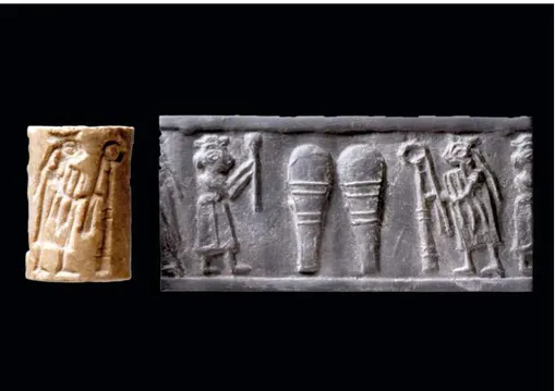 Fig. Alabaster cylinder seal and modern impression, showing two standing ﬁgures facing each other