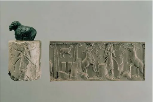 Fig. Cylinder seal and modern impression depicting the Mann im Netzrock feeding animals in a ritualized scene.