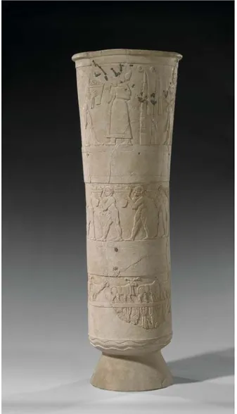 Fig. The Uruk Vase, divided into registers showing, from bottom to top, stylized water, a row of plants followed by one of animals, a series of naked men bearing ﬁlled vessels, and at the top the Mann im Netzrock and his attendants bearing gifts to a ﬁgure