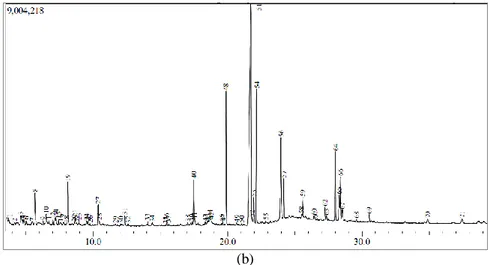 Gambar 6. Hasil spektrum GCMS sampel kopi robusta (a) Jawa dan (b) Sumatera  dengan suhu roasting  210±2 °C selama 20 menit 