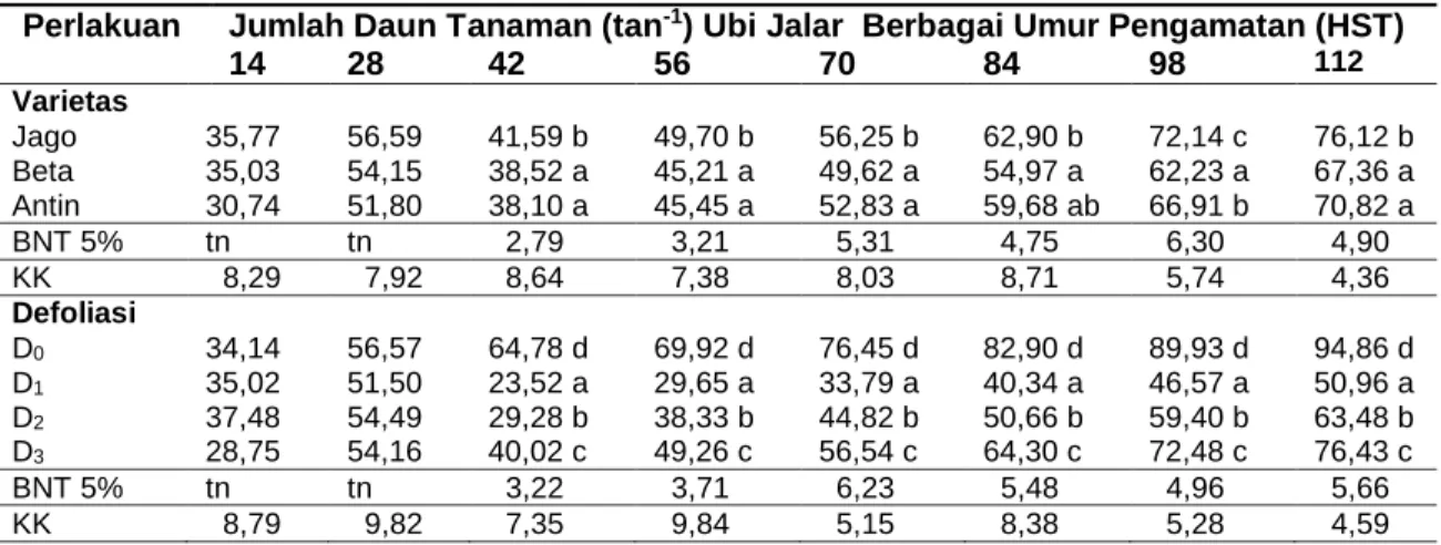 Tabel  2  Rerata  Panjang  Tanaman  Ubi  Jalar  dengan  Varietas  dan  Tingkat  Defoliasi  yang  Berbeda pada Berbagai Umur Pengamatan 