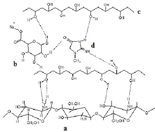 Gambar  2.  Prediksi  interaksi  antara  gugus  aktif  membran  (a)  kitosan,  (b)  alginat,  (c)  PVA  dengan (d) kreatinin  