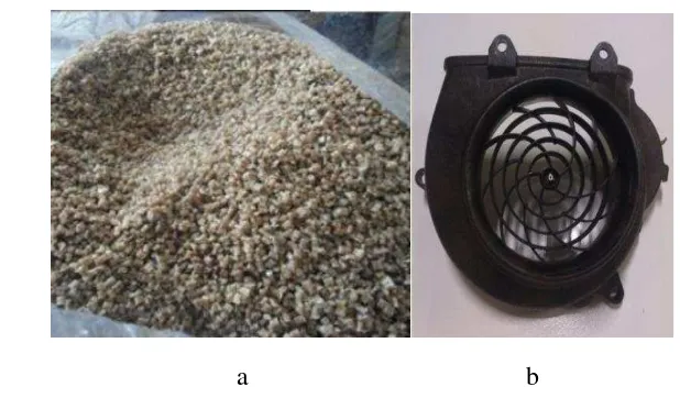 Gambar 6 (a) Granular hasil ekstruksi dan (b) Fan Cover Comp hasil   cetakan Mesin Injeksi Molding 