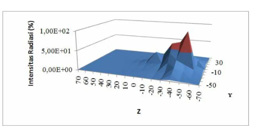 Gambar 9.  Distribusi intensitas radiasi di permukaan YZ pada posisi perisai bagian kanan