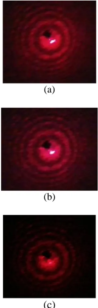 Gambar  2. Foto-foto  pola  interferensi  cahaya laser  He-Ne  yang  terhambur  dari cermin  datar  yang  ditaburi  dengan